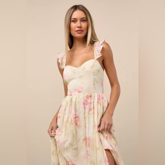 💓Lulus Make Me Blush Peach Floral Print Tiered Maxi Dress.💞SZ XL- NWT - Picture 4 of 16